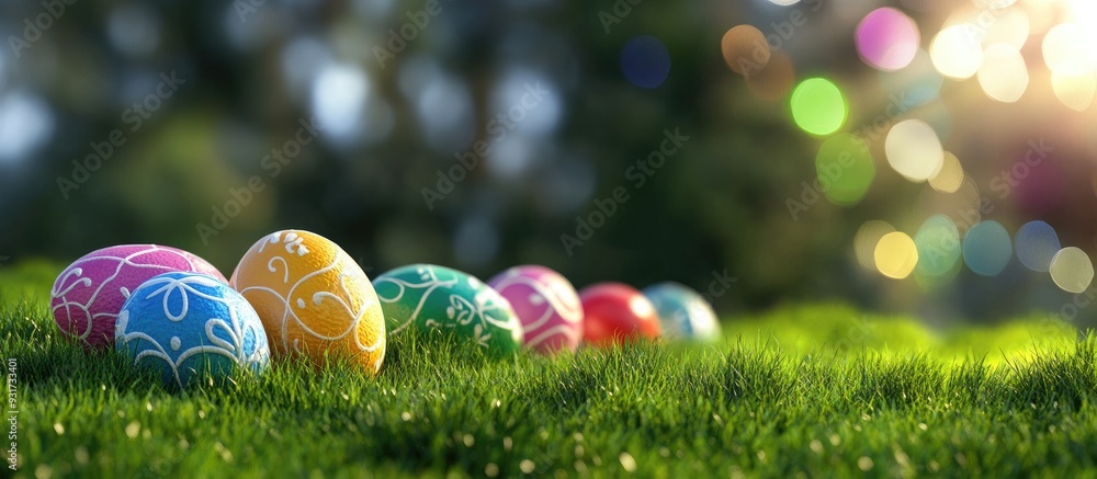 Aufkleber Vibrant Easter eggs on green grass. with copy space image. Place for adding text or design