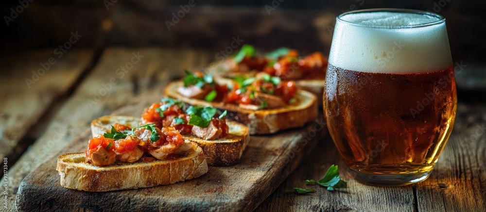 Aufkleber tapas a few toasted bread slices topped with canned tuna in tomato sauce accompanied by a glass of c