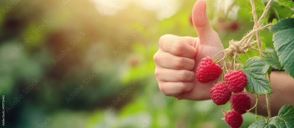 Poster hand giving a thumbs up for gardening in spring raspberry bush in the garden tied to a trellis with 
