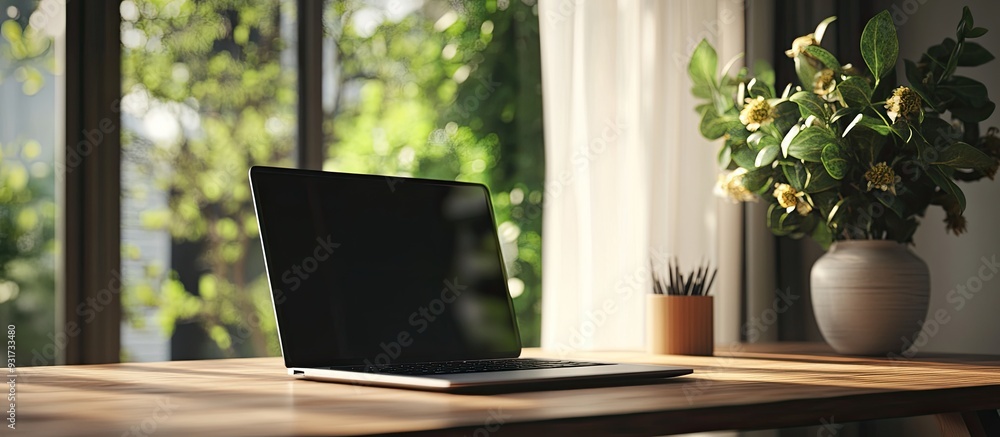Poster a comfortable workspace in a home office features a wooden table with a modern laptop on it this rep