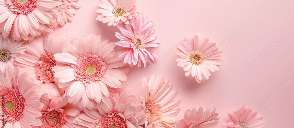 Poster soft beige gerbera flowers arranged in a row on a pink background a minimal modern floral concept fe