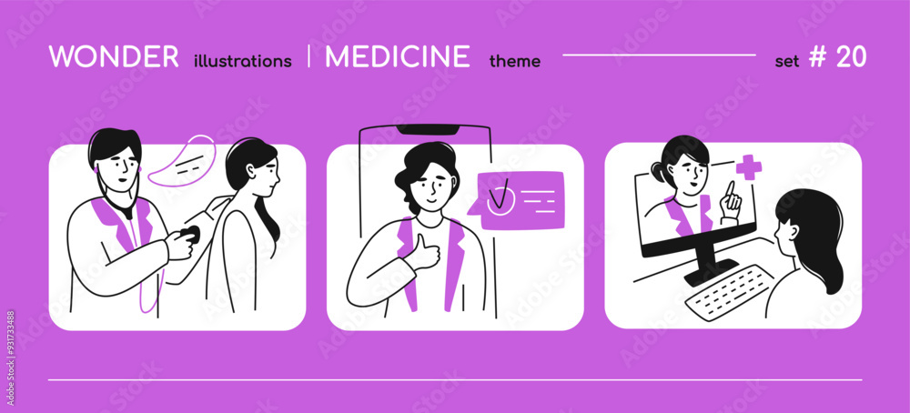 Poster medicine and consultation with doctor - line design style illustration with copy space for text. com