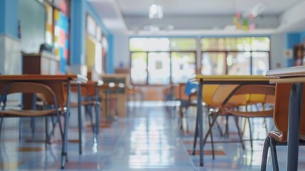 A Blurry View of an Empty School Classroom with Chairs and Tables, Highlighting the Back-to-School Concept Without Students or Teachers in Sight.