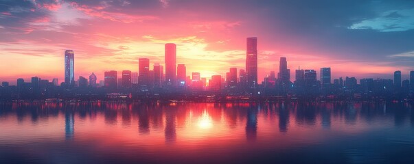 Fototapeta premium Breathtaking city skyline at sunset, reflecting vibrant colors on water, showcasing modern architecture and serene ambiance.
