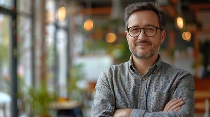 Portrait glasses and business man with arms crossed in startup office for pride in career or job Creative face and confident professional entrepreneur copywriter and employee coworking : Generative AI