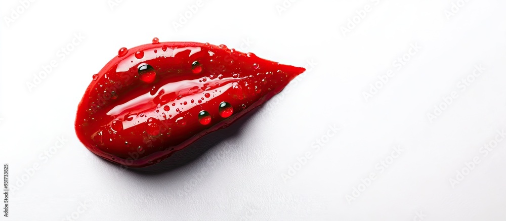 Poster Macro red lipstick with water droplets isolated on a white background with copyspace in a horizontal layout