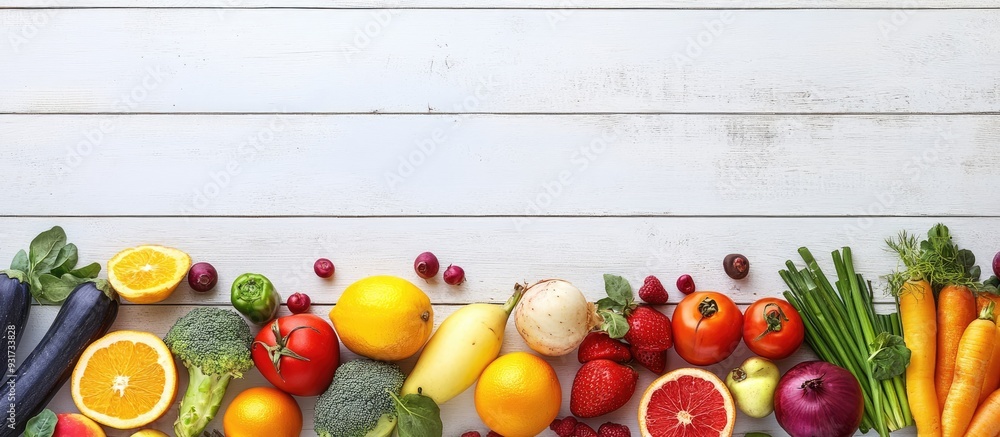 Poster fruits and vegetables on a white wooden surface. with copy space image. place for adding text or des