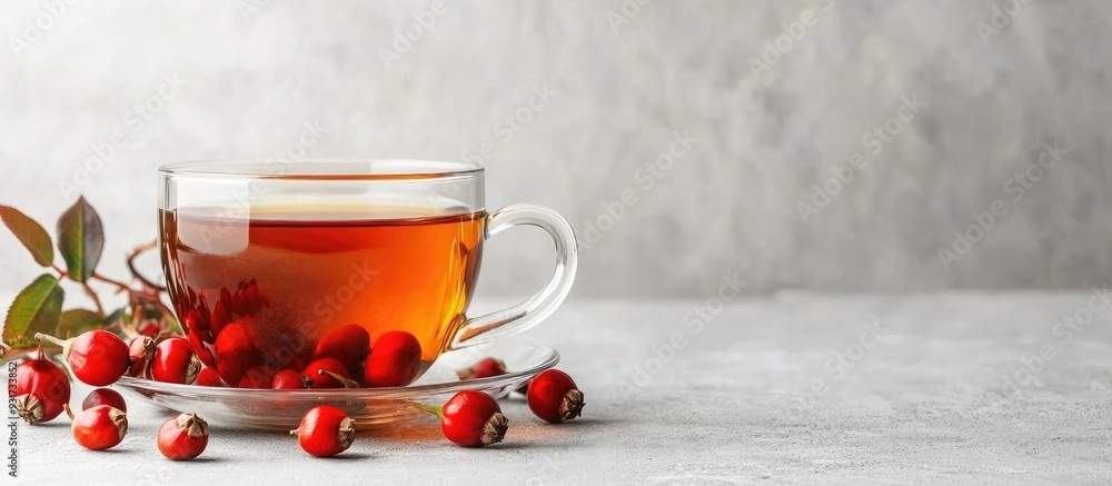 Aufkleber Herbal tea made from rose hips in a cup on a light background Side view. with copy space image. Place for adding text or design