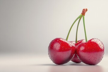 Two Red Cherries with Water Droplets on a White Background