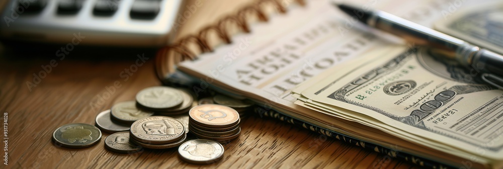 Leinwandbilder cash and coins are arranged beside an open notebook filled with calculations, indicating a session o