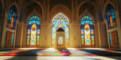 Obraz premium A Stunning View of Stained Glass Windows Illuminating the Interior of a Mosque