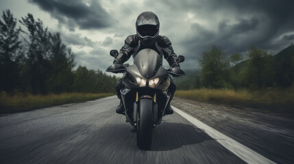 young man riding motorcycle with a cloudy background