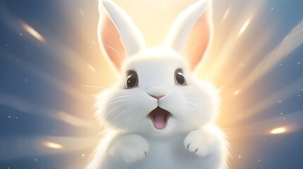 Cute surprised animal. Adorable white bunny looking shocked, fun surprise concept. Creative background.