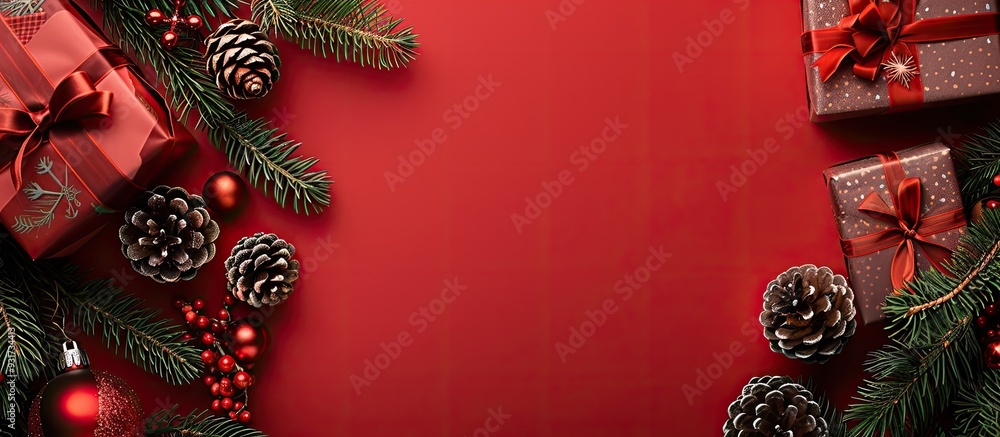 Poster gifts fir cones and red decorations arranged flat on a red background from a top view providing copy