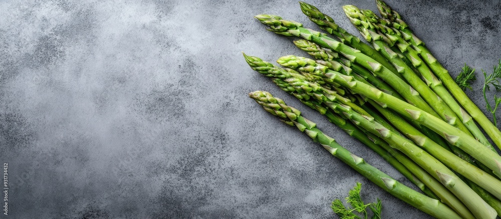 Poster fresh green raw asparagus on a concrete surface a top view of a bunch of fresh asparagus on a gray c