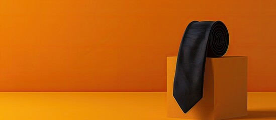 A black polyester fabric necktie rolled and isolated on a classic display stand set against a vibrant and eye catching background for a fashion clothing product showcase single object with copy space