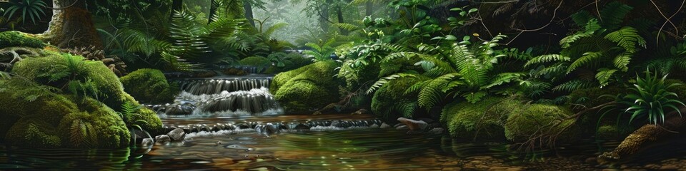 A gentle stream winding through a thick evergreen forest, featuring clear water, moss-covered stones, lush ferns, and vivid plant life in close proximity, highlighting the natural textures of this