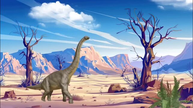 Dinosaur roaming a vast desert landscape with barren trees. Seamless loop video background