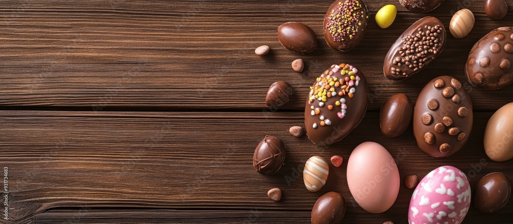 Aufkleber chocolate easter eggs and treats on a wooden background. with copy space image. place for adding tex