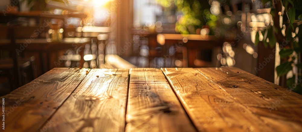 Poster Chosen focus on an empty brown wooden table with a blurred background of a coffee shop featuring a bokeh effect intended for product display montage. with copy space image