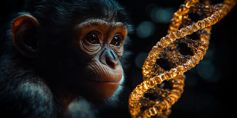 Genetic Contemplation: The Evolutionary Connection. Monkey and DNA. Evolution concept