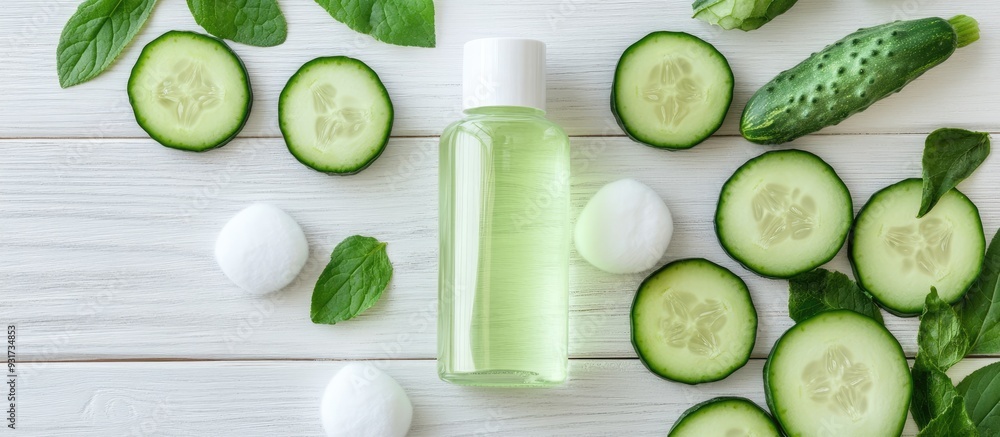 Poster homemade refreshing cucumber facial toner in a bottle accompanied by slices of green cucumber and co