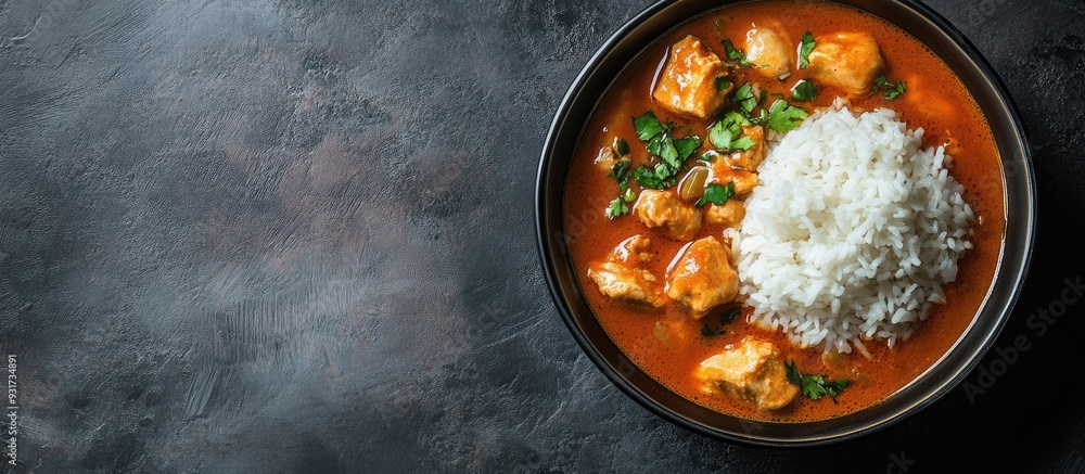 Poster japanese style chicken curry soup with rice. with copy space image. place for adding text or design
