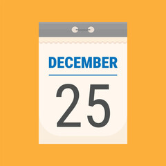 Classic tear-off wall calendar displaying December 25th. Christmas Day. Simple calendar illustration isolated on orange background. Flat style