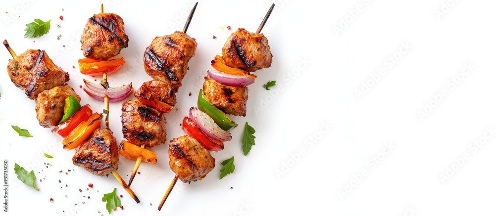 Aufkleber Chicken skewers featuring slices of sweet peppers and onion Shish kebab grilled meat on a white background top view Delicious food. with copy space image. Place for adding text or design