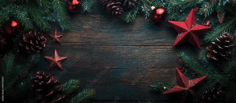 Poster vintage christmas xmas decoration on a wooden background. with copy space image. place for adding te