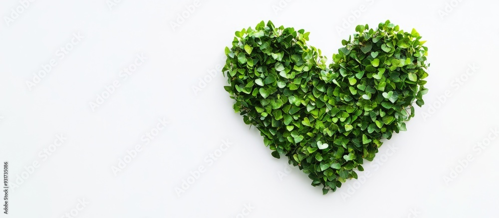 Poster Heart shape formed by bird like green leaves on a white background creative minimalist spring idea featuring copy space concept art abstract form tidy setting ecological art selective focus