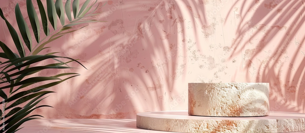 Poster Minimal modern product presentation on a peach fuzz backdrop featuring a podium with palm leaves. with copy space image. Place for adding text or design