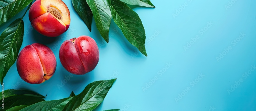 Poster ripe nectarine with leaves set against a blue background providing copy space for your text top view