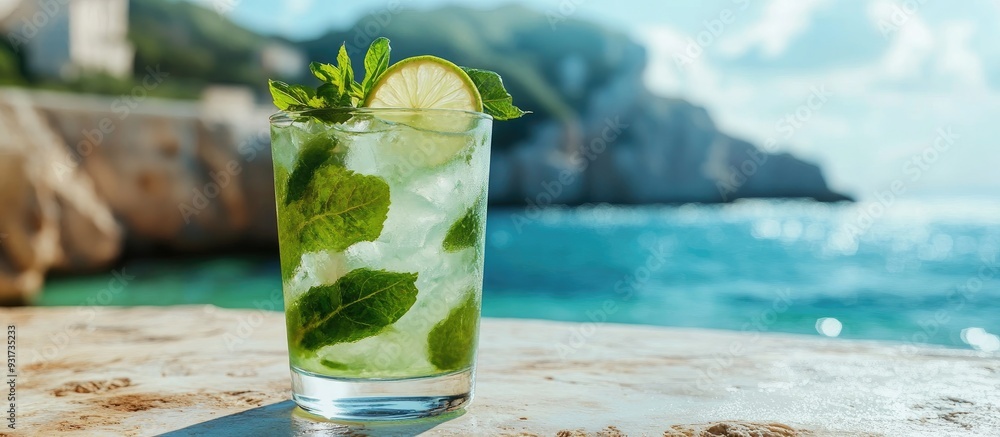 Aufkleber Mojito cocktail on a table with a sea backdrop. with copy space image. Place for adding text or design
