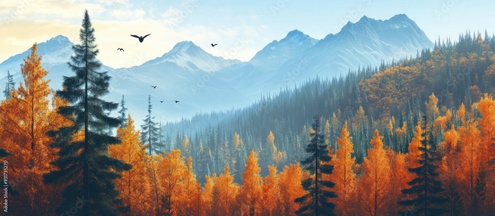 Leinwandbilder autumn mountain landscape with a vibrant forest. with copy space image. place for adding text or des