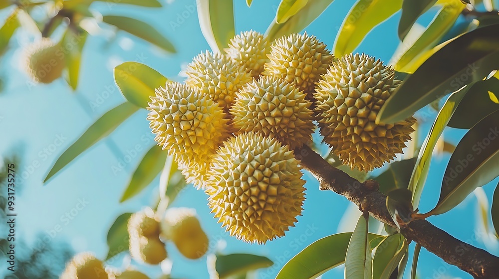 Wall mural Close-up of ripe durian fruit hanging on a tree branch against a bright blue sky.