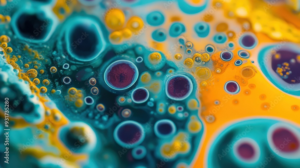 Poster bacterial colonies display vibrant colors and complex forms during their growth process in a laborat