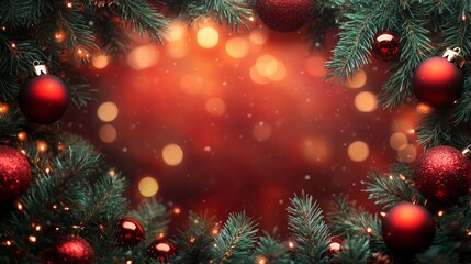 Festive Christmas frame with red ornaments, pine branches, and warm glowing lights, set against a blurred red background with bokeh lights