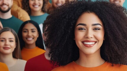 Obraz premium A woman with a big smile in front of many people, AI