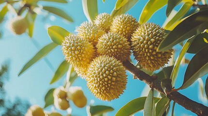 Close-up of ripe durian fruit hanging on a tree branch against a bright blue sky.