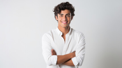 young indian man smiling on white background