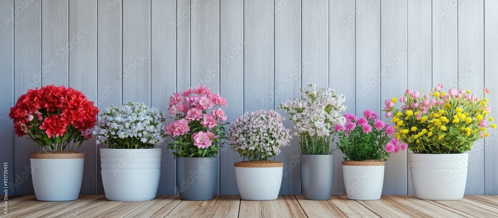 Poster flowers placed in small pots as decoration for the room. with copy space image. place for adding tex