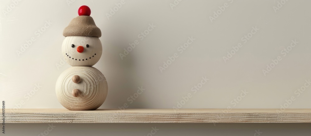 Aufkleber A humorous wooden snowman featuring a red nose and a hat is placed on a shelf against an off white backdrop with some empty space above. with copy space image. Place for adding text or design