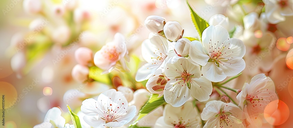Poster abstract background flowering cherry tree white flowers. with copy space image. place for adding tex