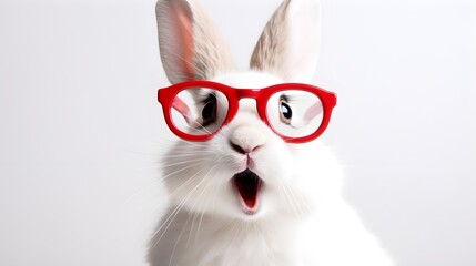Cute surprised animal. Adorable white bunny wearing stylish glasses looking shocked, fun surprise concept. Creative minimal background.