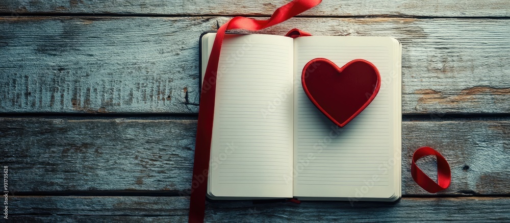 Poster Red ribbon shaped like a heart on a notebook flat lay representing the celebration of all lovers on St Valentine s Day. with copy space image. Place for adding text or design