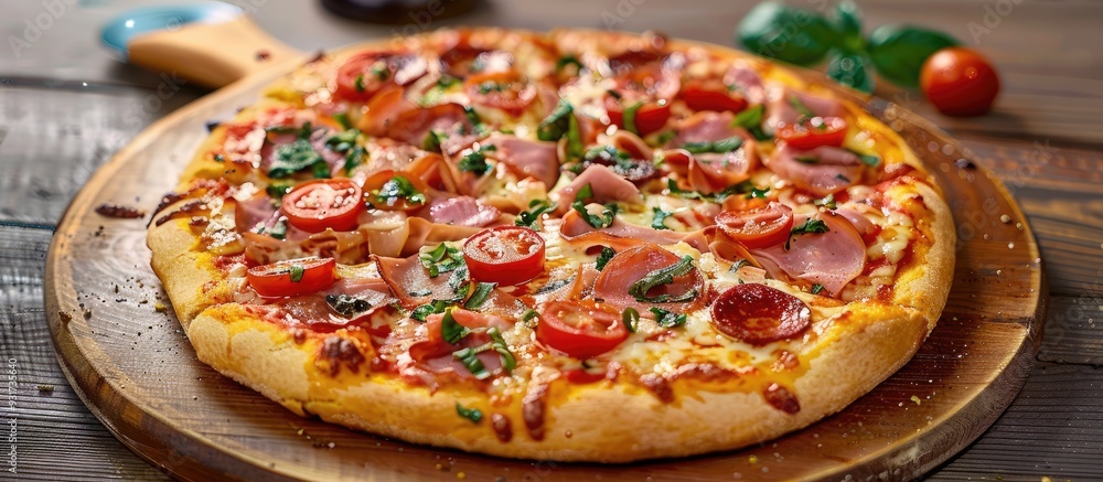 Poster Pizza topped with ham tomatoes mozzarella cheese and basil Tasty Italian pizza on a wooden pizza board in enchanting light. with copy space image. Place for adding text or design