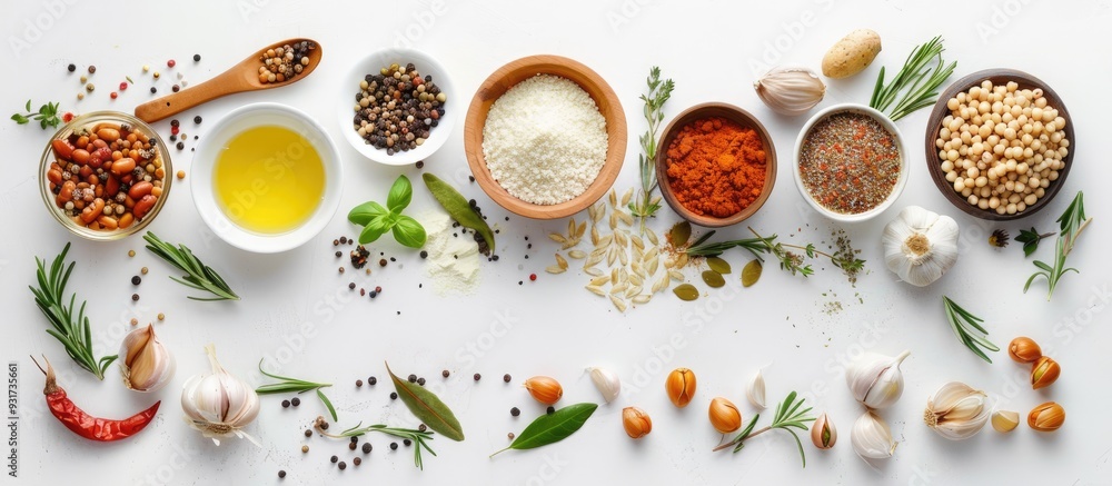 Poster Cooking ingredients for food arranged on a white background from a top view. with copy space image. Place for adding text or design