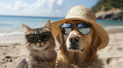 Dog and Cat in Straw Hats Enjoying a Beach Day