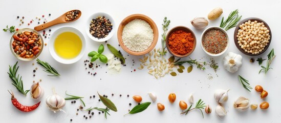 Cooking ingredients for food arranged on a white background from a top view. with copy space image....